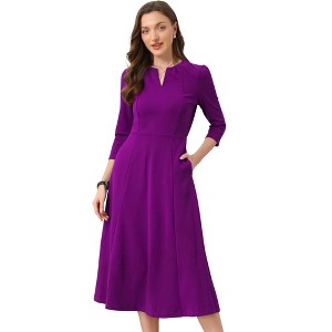 INSPIRE CHIC Women's Elegant Split Neck Side Zipper Pockets 3/4 Sleeve Work A-Line Dress - 1 of 4