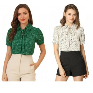 Allegra K Women's Retro Dots Print Bow Tie Peter Pan Collar Chiffon Blouse 2 Packs - 1 of 4