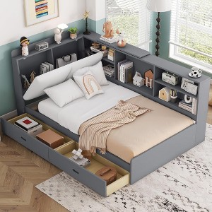 BABYYER Twin Size Corner Bed Frame with Upholstered Headboard, L-Shaped Solid Wood Platform Bed with 2 Drawers and Rotatable Storage Board - 1 of 4