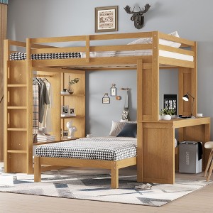 Sapphtopaz Wood Bunk Bed with Dismountable Lower Bed&Desk Versatile Bed Frame with Built-in Shelves&Wardrobe, Loft Bed for Teens - 1 of 4