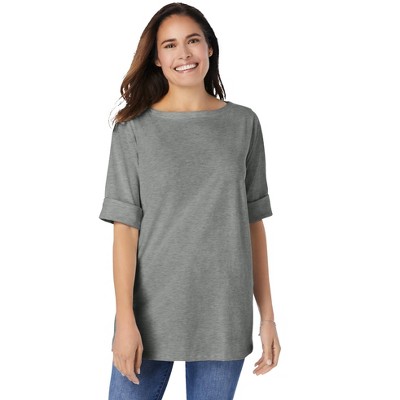 Woman Within Plus Size Perfect Cuffed Elbow-Sleeve Boat-Neck Tee
