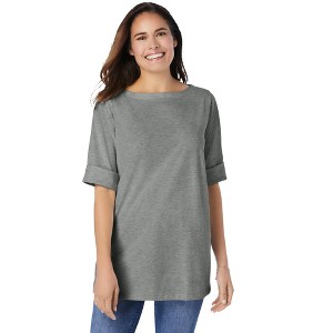 Woman Within Plus Size Perfect Cuffed Elbow-Sleeve Boat-Neck Tee - 1 of 4
