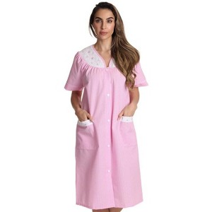 Dreamcrest Womens Short Sleeve Duster, Seersucker Gingham Housecoat Women Sleepwear Embroidered Snap Front Nightgown - 1 of 3