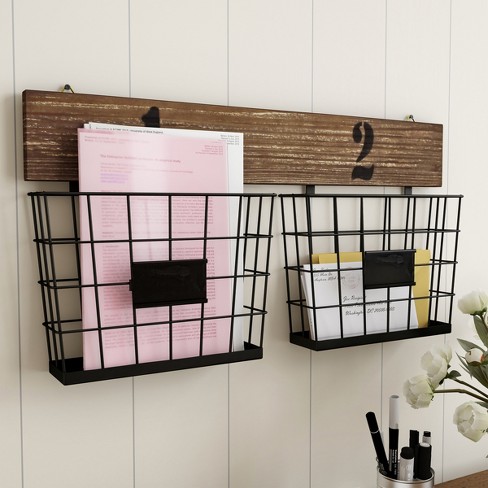 Hanging Double Wire Basket Organizer- Wall Mount Storage, Rustic Style  Multi-Use Bins for Entryway, Office & Home Decor by Lavish Home