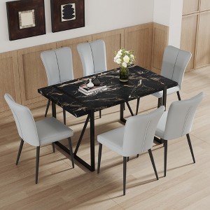 NicBex Dining Table Set for 6 Kitchen Table Modern Black Marble Pattern MDF Dining Set with 6 Black PU Chairs for Dining Room - 1 of 4