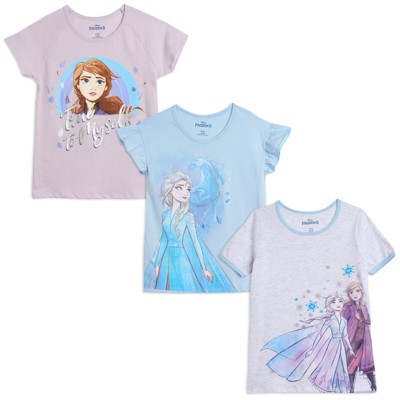 Disney Frozen Elsa Anna Little Girls 3 Pack Ruffle Graphic T-Shirt Purple/Blue/Grey 