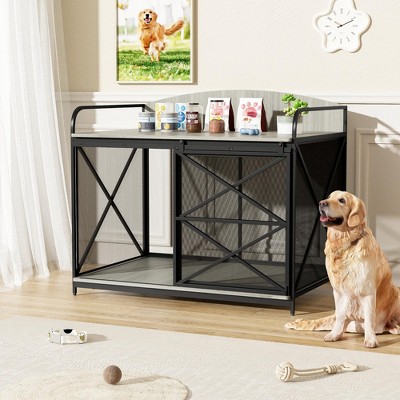 42.8" Heavy Duty Dog Crate Furniture for Large & Medium Dogs, Farmhouse Wooden Indoor Kennel End Table, Decorative Pet House, Gray - Nertpow