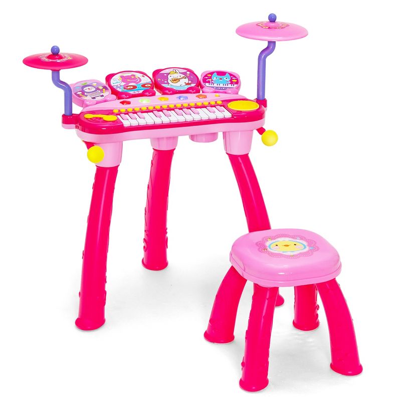 Costway 24 Key DJ Piano Keyboard Drum Toy Music Instrument w/MP3 Microphone Cymbal Pink\Blue, 1 of 11