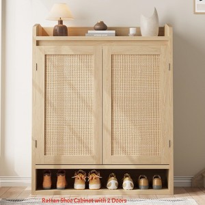 Modern Rattan Shoe Organizer for Entryway/Hallway, Farmhouse Boho Wooden Shoe Storage Cabinet w/Adjustable Shelves - 1 of 4