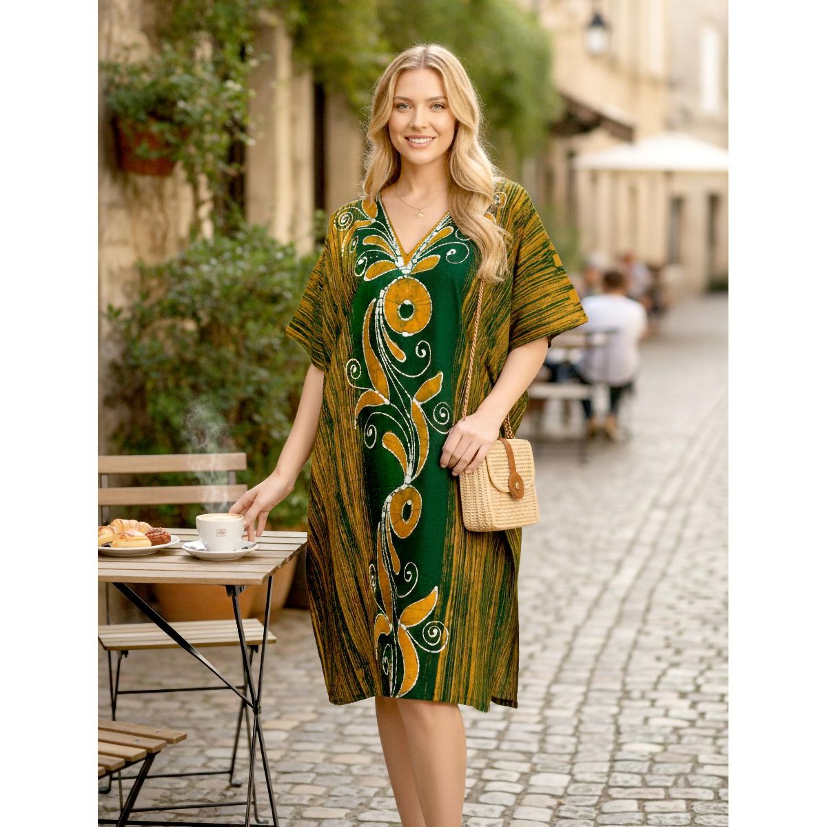 LA LEELA Summer Cotton Cruise Caftan Cover Up for Women Resortwear Vacation Holiday Loungewear Pregnancy Wear 2X-3X Green Paisley - thumbnail 5