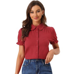 Allegra K Women's Short Sleeve Button Down Peter Pan Collar Blouse - 1 of 4