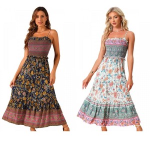 INSPIRE CHIC Women's Summer Spaghetti Strap A-Line Flowy Smocked Midi Boho Floral Sundresses 2 Packs - 1 of 4