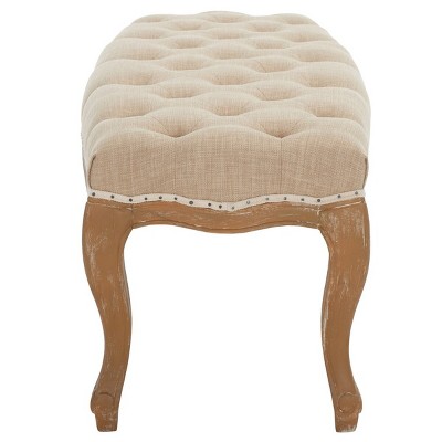 Transitional Beige Linen and Oak Tufted Bench