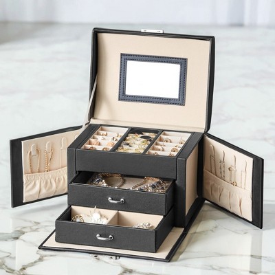 3-Tier Jewelry Box, Lockable Travel Case with Handle