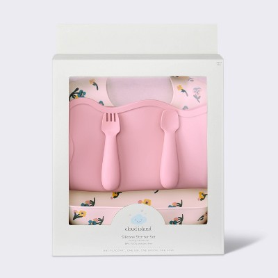 Silicone Bib and Utensil Feeding Set - 4pc - Pink - Cloud Island&#8482;