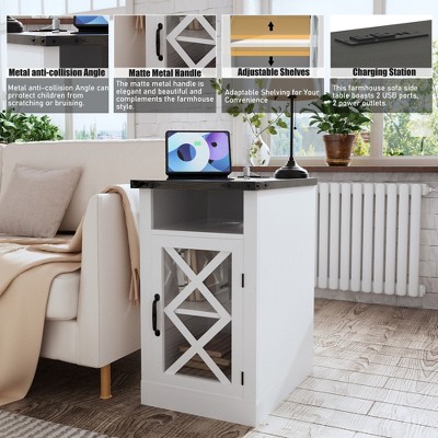 Vynxaria Farmhouse End Table with Charging Station ¨C 15.4'' Rustic Nightstand with Barn Door & Adjustable Shelf