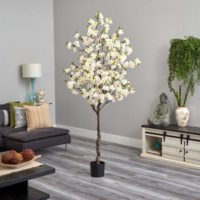6.5-ft White and Green Faux Sakura Tree in Black Pot
