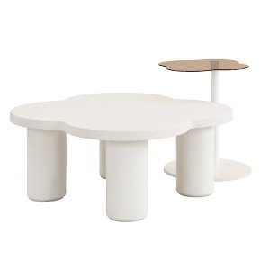 Dexmalle Modern Coffee Table Set of 2, Irregular Shape Coffee Table with Four Roman Column Legs and End Table with Glass Top - 1 of 4