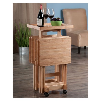 Natural Solid Wood 6-Piece Snack Table Set with Rolling Stand