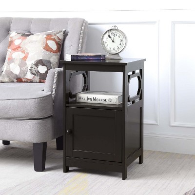 HomeStock End Table with Cabinet and Two Shelves, Octagon Side Design, Hidden Storage Space for Magazines and Electronics in Living Room