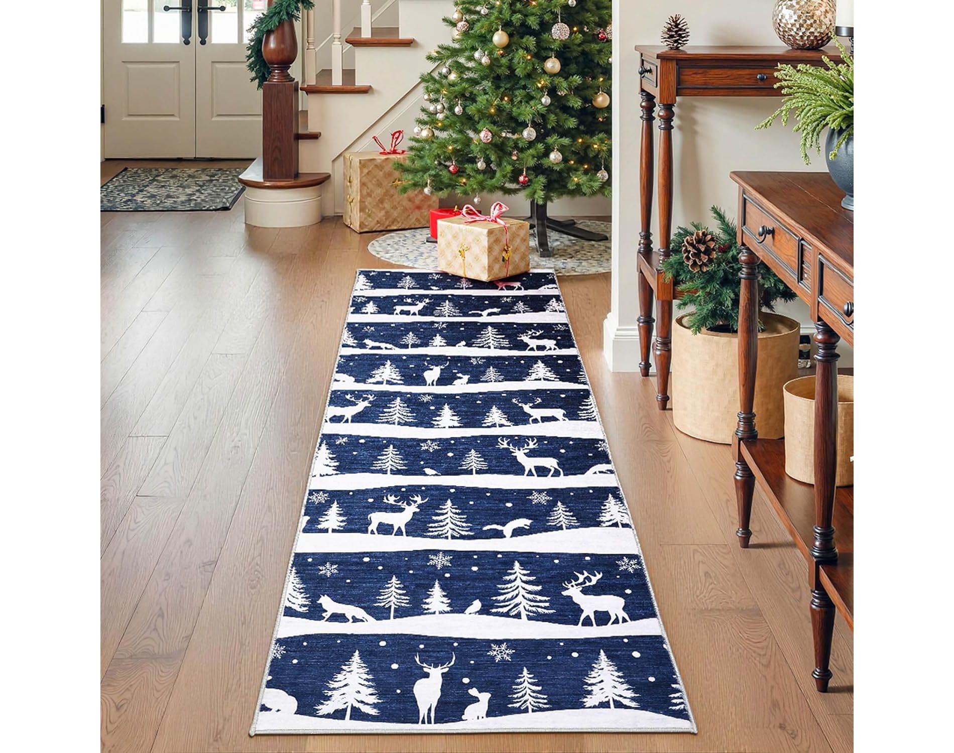 Christmas Runner Rug, Washable Non Slip Low Pile Carpet, Xmas Tree Reindeer Snowflake Indoor Rug for Entryway, Kitchen, Living Room