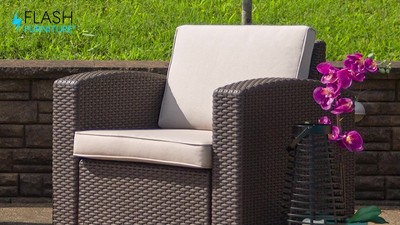 Chocolate Brown Faux Rattan Chair with Beige Cushions