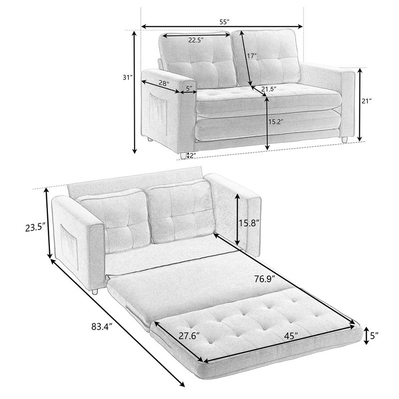 55" Pull Out Sleeper Sofa with 2 Storage Pockets, Linen Convertible Foldable Sofa Bed with 2 Back Cushions 4M - ModernLuxe, 4 of 9