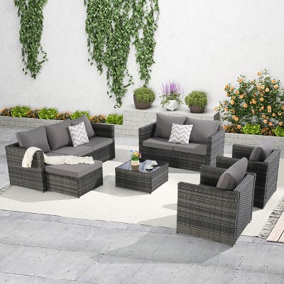 Outdoor Furniture Set, 5 Pcs Rattan Wicker Sofa Set with Tempered Glass Coffee Table, Armrest  Sofas with Cushions and Pillows-Coolbibila