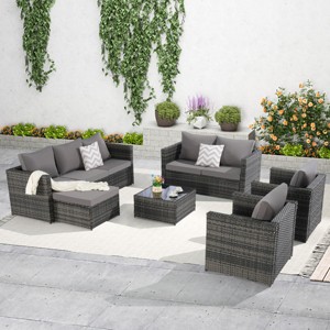 Outdoor Furniture Set, 5 Pcs Rattan Wicker Sofa Set with Tempered Glass Coffee Table, Armrest  Sofas with Cushions and Pillows-Coolbibila - 1 of 4