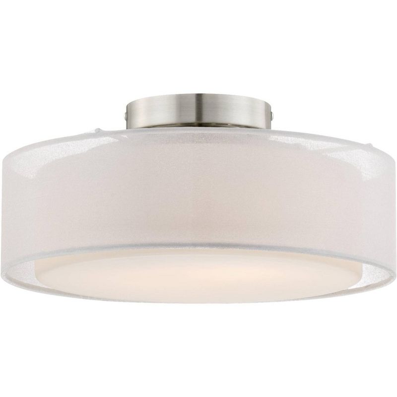 Possini Euro Design Modern Ceiling Light Flush Mount Fixture 12 1/2" Wide Satin Nickel 2-Light Sheer White Fabric Opal Glass Drum Shade for Bedroom, 1 of 9