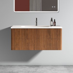 Lyngins Floating Bathroom Vanity with Sink – U-Shape Wall Fitting, Striped Texture Bathroom Storage Cabinet with Push-Open Drawer & Curved Edges - 1 of 4