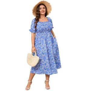 Coolmee Women's Plus Size Floral Summer Dress Puff Sleeve Smocked Ruffle Square Neck Casual Dress Cute Midi Dress - 1 of 4