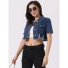 Allegra K Women's Casual Collared Short Sleeve Frayed Crop Jean Denim Jacket - 3 of 4