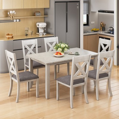 VECELO Farmhouse Style Dining Table Set, Rubber Wood Table with 4/6 Upholstered Dining Chairs, Gray