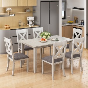 VECELO Farmhouse Style Dining Table Set, Rubber Wood Table with 4/6 Upholstered Dining Chairs, Gray - 1 of 4
