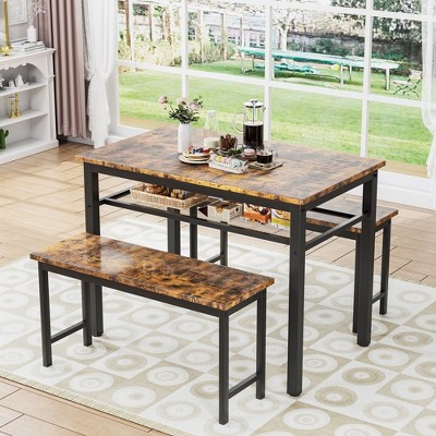 3-Piece Dining Table Set For 4, Farmhouse Kitchen Table Set With 2 Benches, Metal Frame And MDF Board Dining Room Table Set
