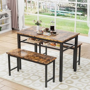 3-Piece Dining Table Set For 4, Farmhouse Kitchen Table Set With 2 Benches, Metal Frame And MDF Board Dining Room Table Set - 1 of 4
