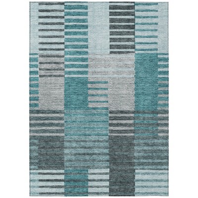 Teal Blue Aqua And Gray Striped Washable Indoor Outdoor Area Rug