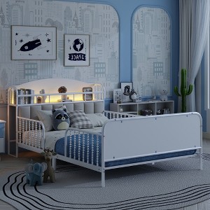 Whisen Twin Size Metal Platform Bed with Light, Upholstered and Storage Headboard for Kids - 1 of 4