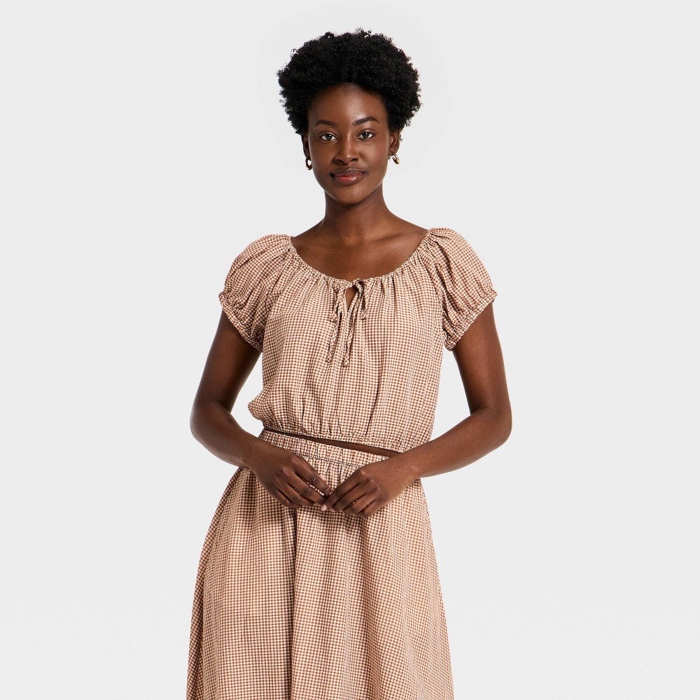 Women's Short Puff Sleeve Tie Top - A New Day™ Brown Gingham XS