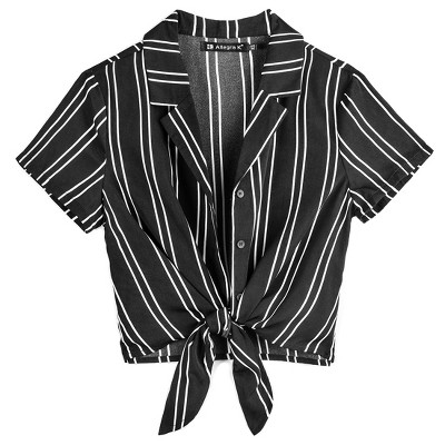 Allegra K Women's Retro Striped Button Up Short Sleeve Tie Front Crop Shirt