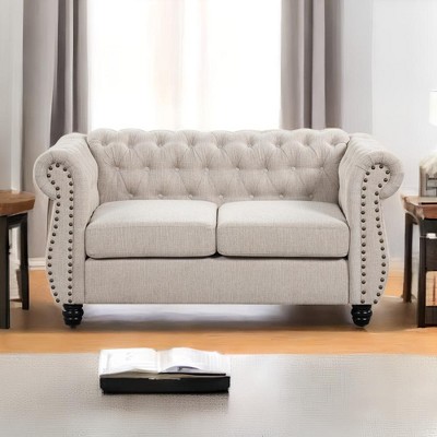 Chesterfield Chenille Couch Button Tufted Cushion Seats Loveseat with Rolled Arm for Living Room Beige - Morden Fort