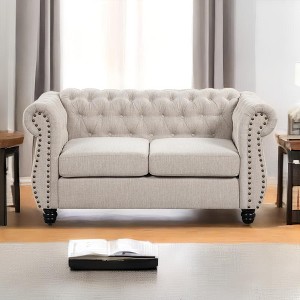 Chesterfield Chenille Couch Button Tufted Cushion Seats Loveseat with Rolled Arm for Living Room Beige - Morden Fort - 1 of 4