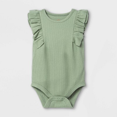 Baby Girls' Ruffle Ribbed Bodysuit - Cat & Jack™ Light Olive Newborn