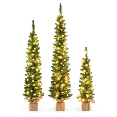 Tangkula Pre-lit Christmas Trees Set of 3 Artificial Pencil Tree 3’ + 4’ + 5’ Slim Entrance Trees w/ 85 + 137 + 193 Branch Tips 50 + 80 + 100 Lights