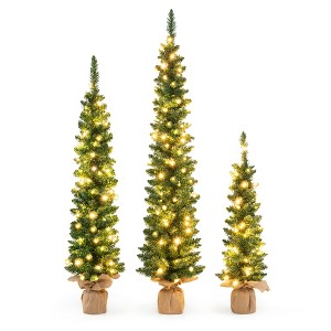 Tangkula Pre-lit Christmas Trees Set of 3 Artificial Pencil Tree 3’ + 4’ + 5’ Slim Entrance Trees w/ 85 + 137 + 193 Branch Tips 50 + 80 + 100 Lights - 1 of 4