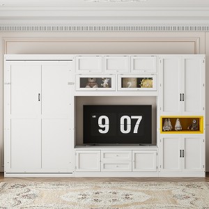 Twin Size Wooden Murphy Bed with TV Stand, 3 Drawers and Shelves for Bedroom or Guest Room - 1 of 4