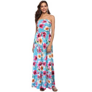 Clearlove Women Strapless Casual Loose Ruched Long Maxi Dress with Pockets - 1 of 4