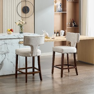 Lyngins Counter Height Bar Stool Set of 2, Armless Counter Stools with Curved Backrest & Walnut Wood Frame, Farmhouse Linen Upholstered Accent Chair - 1 of 4
