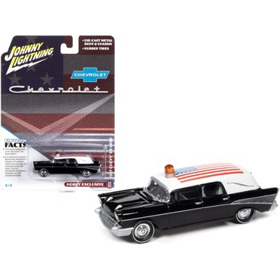 1957 Chevrolet Hearse Black with White Top and American Flag Graphics 1/64 Diecast Model Car by Johnny Lightning